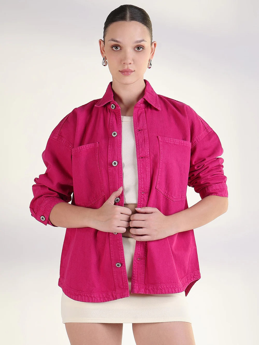 Women's Solid Pink Spread Collar Shacket