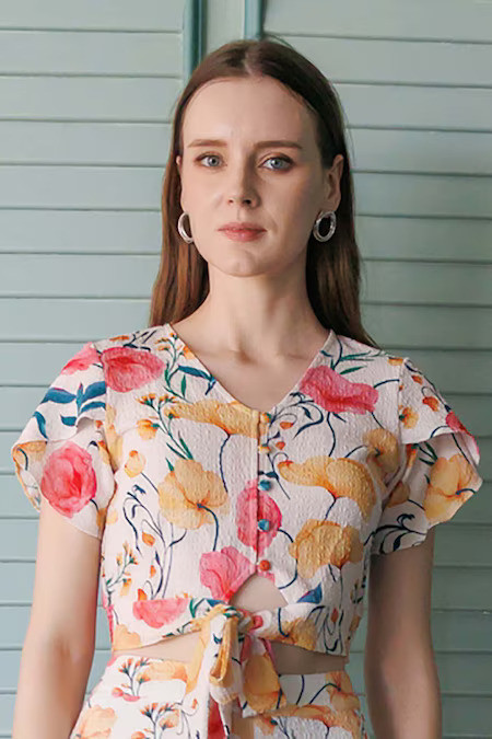 Off White Printed Festive Half Sleeves V-Neck Women Slim Fit Tops