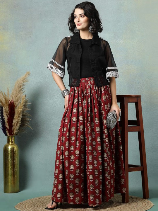 Floral Printed Cotton Flared Maxi Skirt