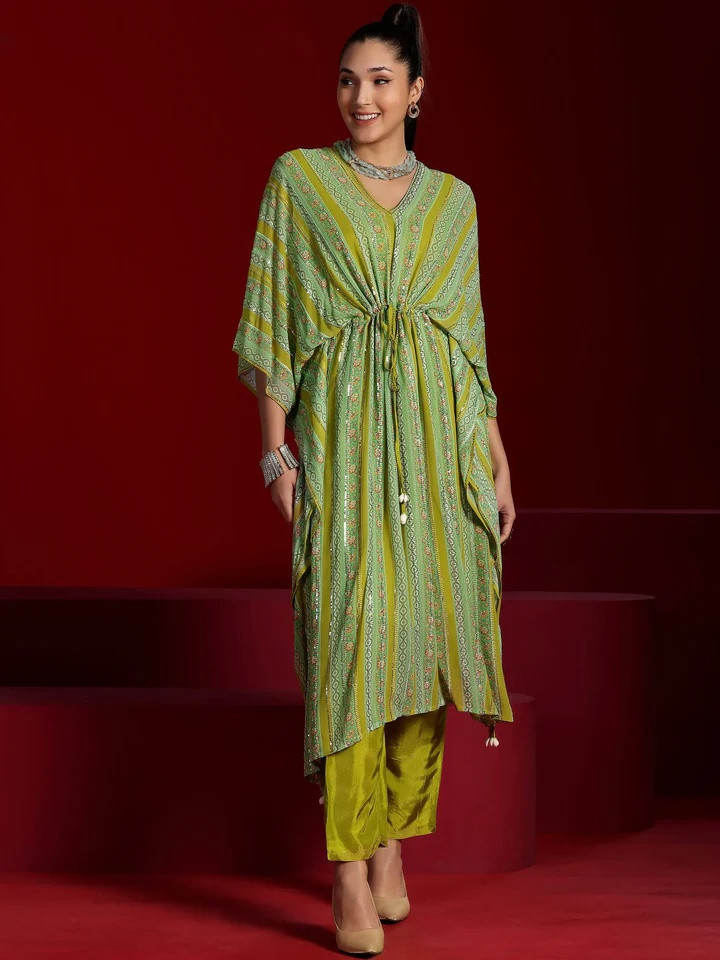 Green Printed Poly Georgette 3 Piece Co-Ords